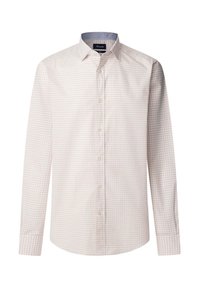 Camisa abotonada de color claro, con un pequeño patrón de cuadros en tonos pastel, hecha de una tela suave con un collar estándar y mangas largas.