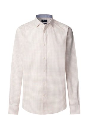 Lichtgekleurde overhemेदshirt, met een klein geruit patroon in pastelkleuren, gemaakt van gladde stof met een standaardkraag en lange mouwen.