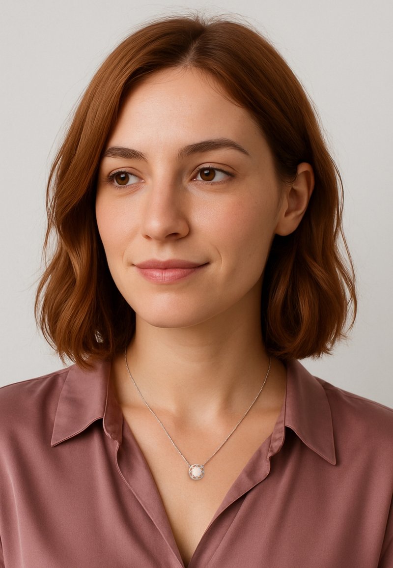 Sølv halskæde med en cirkulær vedhæng, der har et blomsterdesign. Båret med en lyserød satinbluse, der fremhæver dens delikate tekstur.