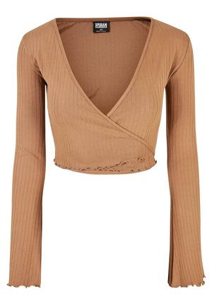 Smešani smeđi rebrasti skraćeni wrap top s dugim rukavima i volanima, veličina XS, proizveden od strane Urban Classics.