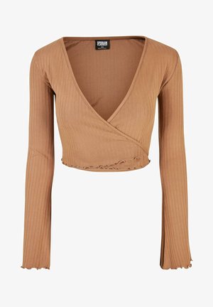 Brun randig cropped wrap-topp med långa ärmar och fransade kanter, storlek XS, tillverkad av Urban Classics.