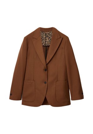 Brun to-knaps blazer med hakkede revers, påsyede lommer og leopardmønstret inderfor, vist fladt på en hvid baggrund.