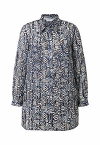 Camicia a manica lunga di colore blu navy con un motivo paisley bianco e marrone. Presenta un colletto a punta, chiusura con bottoni e tasche.