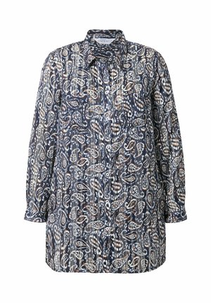 Langarmhemd in Marineblau mit Paisley-Muster in Weiß und Braun. Verfügt über einen spitzen Kragen, eine Knopfleiste und Taschen.