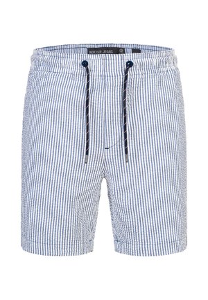 Gestreifte Herrenshorts in Blau und Weiß, mit einem Kordelzugbund, aus weichem Stoff und einem lässigen Schnitt, der sich ideal für die Freizeit eignet.