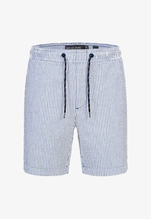 Shorts pour hommes rayés en bleu et blanc, dotés d'une taille à cordon de serrage, d'un tissu doux et d'une coupe décontractée idéale pour un usage quotidien.