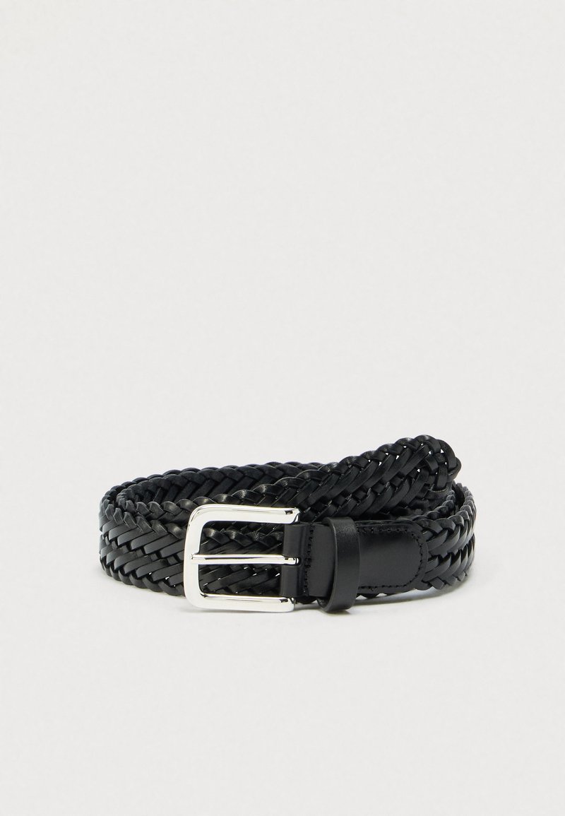 Black woven belt made of leather, featuring a silver rectangular buckle and a smooth leather accent near the buckle for added detail.