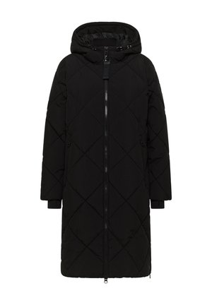 Černý vyp padded kabát s kapucí, s diamantovým prošíváním, celopropínací zip a boční kapsy. Vyrobeno z hladkého, voděodolného materiálu.