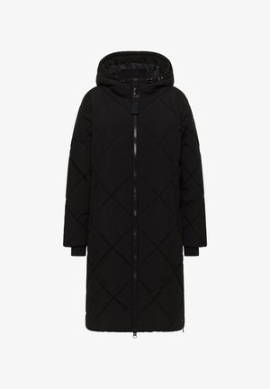 Černý vyp padded kabát s kapucí, s diamantovým prošíváním, celopropínací zip a boční kapsy. Vyrobeno z hladkého, voděodolného materiálu.