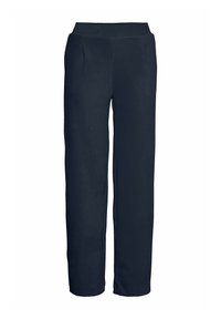 Marinblå vida byxor med ribbad struktur, utrustade med resårmidja och två framfickor. Mjuk tyg för komfort.