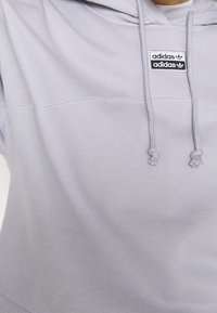 Světle šedá mikina s klokaní kapsou a stahovacími šňůrkami. Má dvě černé etikety s logem Adidas na hrudi a příjemně měkkou tkaninu.