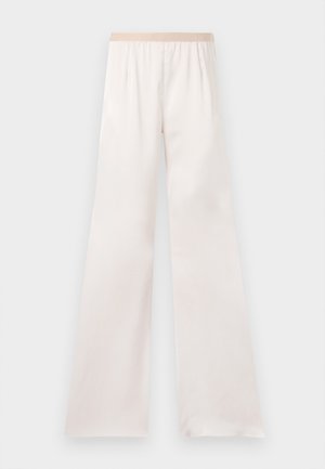 Pantaloni color crema a gamba larga e vita alta con cintura elastica beige, mostrati su uno sfondo chiaro uniforme.