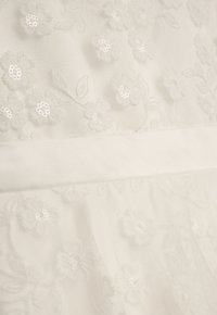 Weißer bestickter Stoff mit floralen Mustern und zarten Pailletten. Glatte Textur mit einem Bund-Element für Struktur.