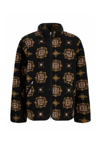 Crna flis jakna s smešnim i zlatnim uzorcima u obliku kvadrata, zatvaranje na rajsferšlus, te dva bočna džepa. Mekan, teksturiran materijal.