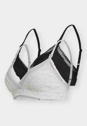 Two bralettes in grey and black. Soft fabric with lace trim. Adjustable straps. Triangle shape with a seamless design for comfort.