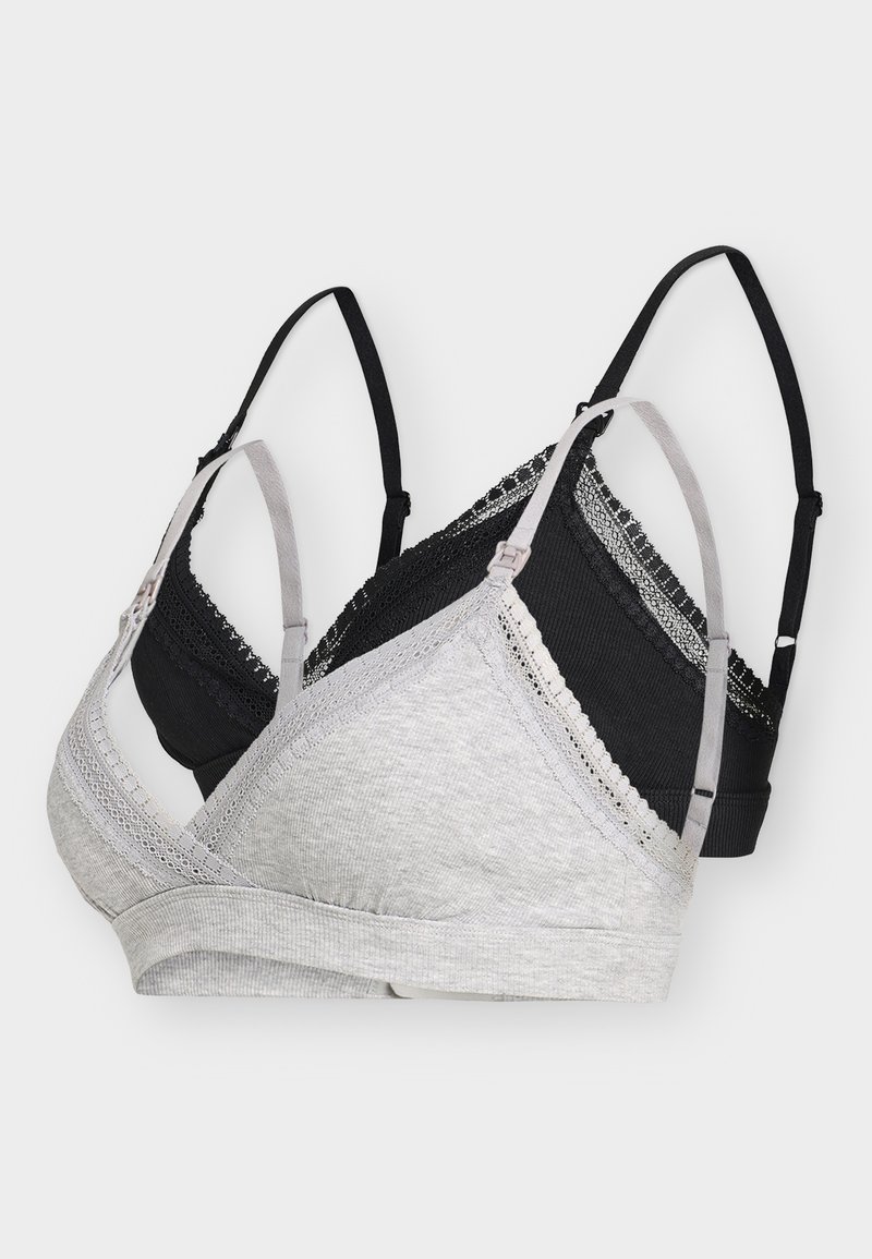 Twee bralettes in grijs en zwart. Zachte stof met kanten randje. Verstelbare bandjes. Driehoekige vorm met een naadloos ontwerp voor comfort.