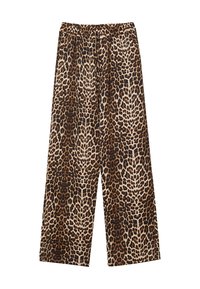 Leopardenmuster weite Hose mit Elastikbund, in Braun- und Beigetönen, aus leichtem Stoff und mit glatter Textur.