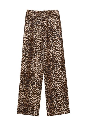 Leopardenmuster weite Hose mit Elastikbund, in Braun- und Beigetönen, aus leichtem Stoff und mit glatter Textur.
