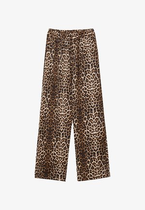 Leopardenmuster weite Hose mit Elastikbund, in Braun- und Beigetönen, aus leichtem Stoff und mit glatter Textur.