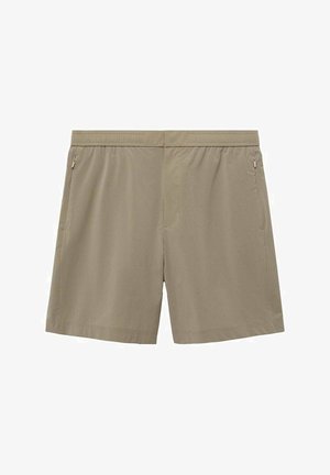 Beige šortky vyrobené z lehkého materiálu, s elastickým pasem a dvěma bočními zipovými kapsami, jednoduchý design spodního lemu.