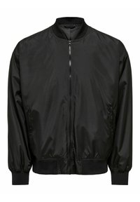 Black bomber jacket featuring a zip closure, ribbed collar, and cuffs, made from smooth, lightweight material with slight sheen.