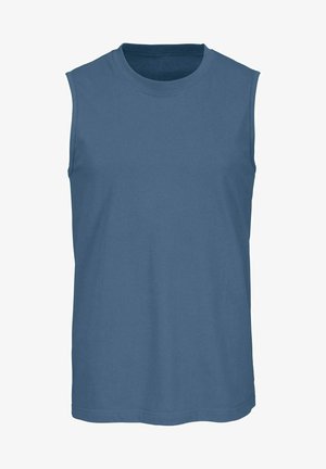 Sleeveless blue cotton tank top with a round neckline, soft texture, and straight hem. Simple design, no patterns or accents visible.