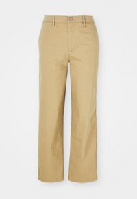 Pantaloni in cotone beige con design a gamba dritta. Presentano una chiusura con bottone, passanti per la cintura e tasche anteriori, tessuto leggero.