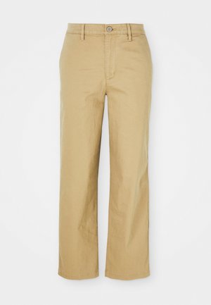 Beige bombažne hlače s ravnim krojem. Imajo gumb zapiranje, zanke za pas in sprednje žepe, lahkotna tekstura.