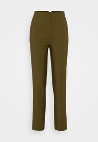 Olive green tailored trousers with a high waist, featuring front pleats and a straight leg design, made from a smooth fabric.