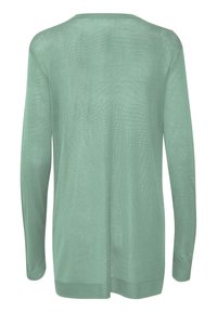 Maglione a maniche lunghe di colore verde chiaro, con scollo rotondo, mostrato di spalle su uno sfondo bianco.