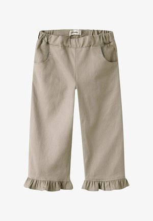 Pantaloni beige in cotone per bambini piccoli con elastico in vita, tasche frontali e orli arricciati.