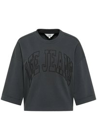Sudadera gris recortada con "LEE JEANS" bordado en negro, con cuello redondo y mangas cortas, hecha de una tela suave.