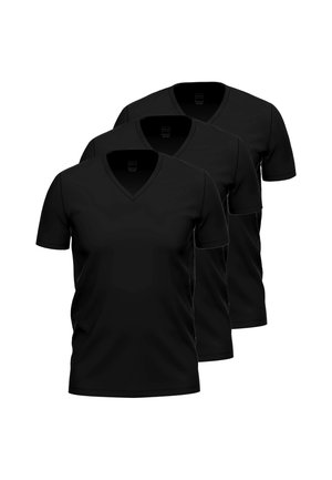Trois T-shirts noirs à col en V, à manches courtes, empilés en rangée sur un fond blanc.