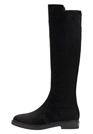 Bottes noires en suédine synthétique, montant jusqu'au genou, avec une texture lisse, une fermeture éclair sur le côté et une semelle plate, présentant un design minimaliste sans embellissements.