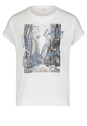 Weißes Baumwoll-T-Shirt mit kurzen Ärmeln, das ein schwarz-weißes Stadtbild-Grafik und blauen Handschrift-Text zeigt: "Das Leben ist offline wunderbar."