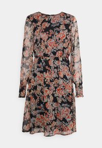 Blumenkleid aus transparenter schwarzer Stoff. Verfügt über lange Ärmel mit gesmokt Handgelenken, einer taillierten Taille und einem mehrfarbigen Blumenmuster.