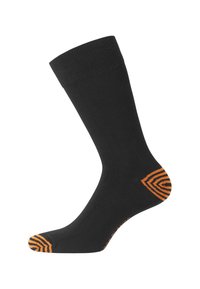 Chaussette noire avec un bord côtelé, design effilé et motif géométrique orange au niveau du talon. Texture lisse, idéale pour un usage décontracté.
