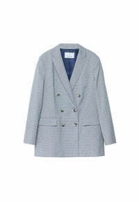 Dwurzędowa, niebiesko-biała marynarka w kratę z dwoma przednimi kieszeniami i guzikami w srebrnym kolorze; teksturowany materiał, klapy wyłogi oraz długie rękawy.