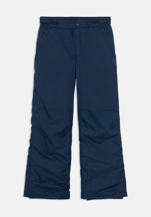 Pantalon isolant bleu marine en tissu lisse, doté de deux poches avant, d'une fermeture à pression et de sangles réglables au niveau de la taille.