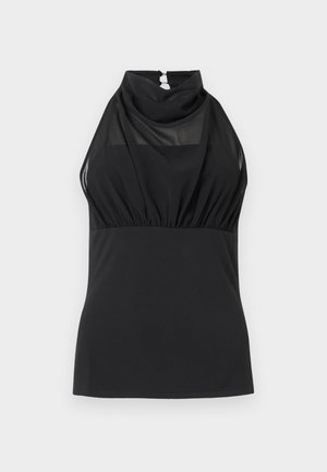 Juodas be rankovių halterio stiliaus viršus su permatoma akių medžiagos viršutine dalimi ir aukšta surišta apykakle, prigludęs prie liemens.