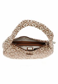 Borsa a tracolla intrecciata con un motivo geometrico marrone e bianco, dotata di manico superiore e chiusura con zip. L'interno presenta una fodera con logo.