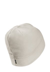 Lichtgrijs fleece beanie met een afgeronde vorm en gestikte ontwerpdetails. Bevat een klein logotag aan de zijkant. Zachte textuur.