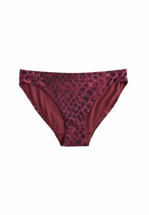 Mørkerød bikiniunderdel med mørkt leopardmønster, glat stof og taljeret snit vist mod hvid baggrund.