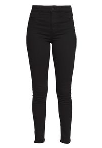 Musta, korkeavyötäröiset, kapeat farkut, valmistettu joustovillasta, joissa on etunappikiinnitys, vyölenkit ja kaksi takataskua.