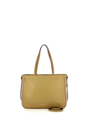 Borsa in pelle color cuoio con doppi manici, tracolla removibile e logo dorato "LIU·JO" al centro sul davanti.
