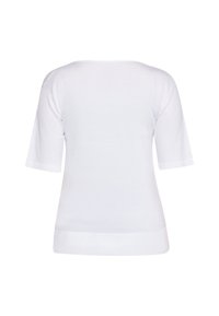 Witte T-shirt met korte mouwen, ronde halslijn, geribde zoom en mouwboorden, gemaakt van een gladde stof met een effen textuur en zonder zichtbare patronen.