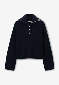 Pullover en tricot navy à nervures, avec un grand col replié, une patte de boutonnage à cinq boutons et des manches longues. Fabriqué en un matériau tricoté doux.