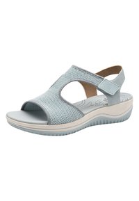 Sandalino azzurro chiaro con tomaia in rete, punta aperta e design a ritaglio. Cinturino regolabile sul lato, soletta imbottita e suola in gomma.