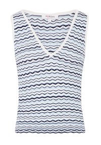 Débardeur sans manches bleu et blanc à rayures avec un décolleté en V, présentant un motif en zigzag et un tissu texturé. Étiquette de marque visible au niveau du col.
