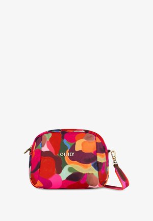 Rechthoekige schoudertas van stof met een kleurrijk abstract bloemenpatroon. Voorzien van een gouden logo en een afneembare strap aan één zijde.